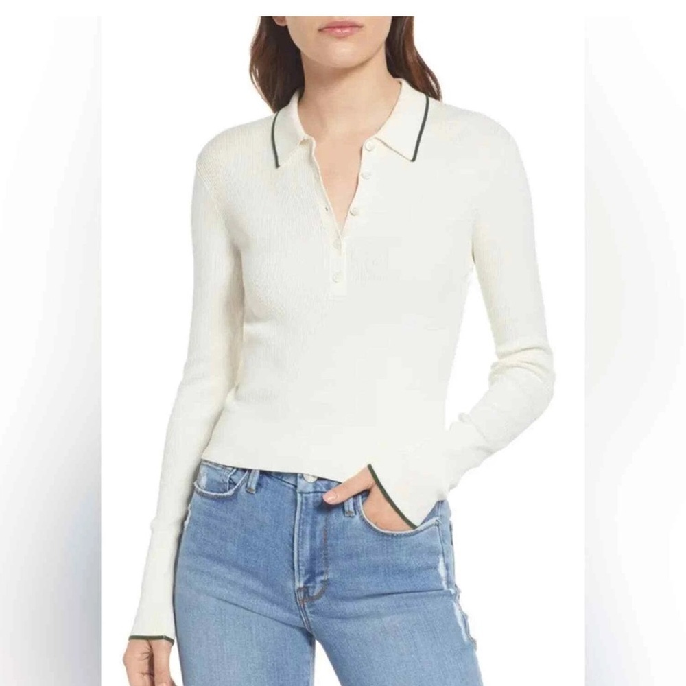 New FRAME Shrunken Ribbed Silk & Cotton Polo Sweater Size Large logo monogram